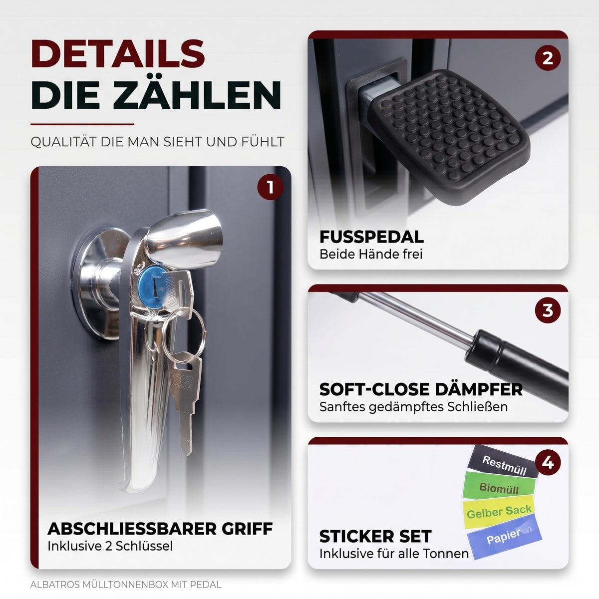 Mülltonnenbox 4er mit Pedal, 120L bis 240L, für Vier Tonnen, Metallverkleidung aus verzinktem Stahl, Anthrazit Grau RAL7016, abschließbar, wetterfest, ISO9227, mit Aufkleber Set