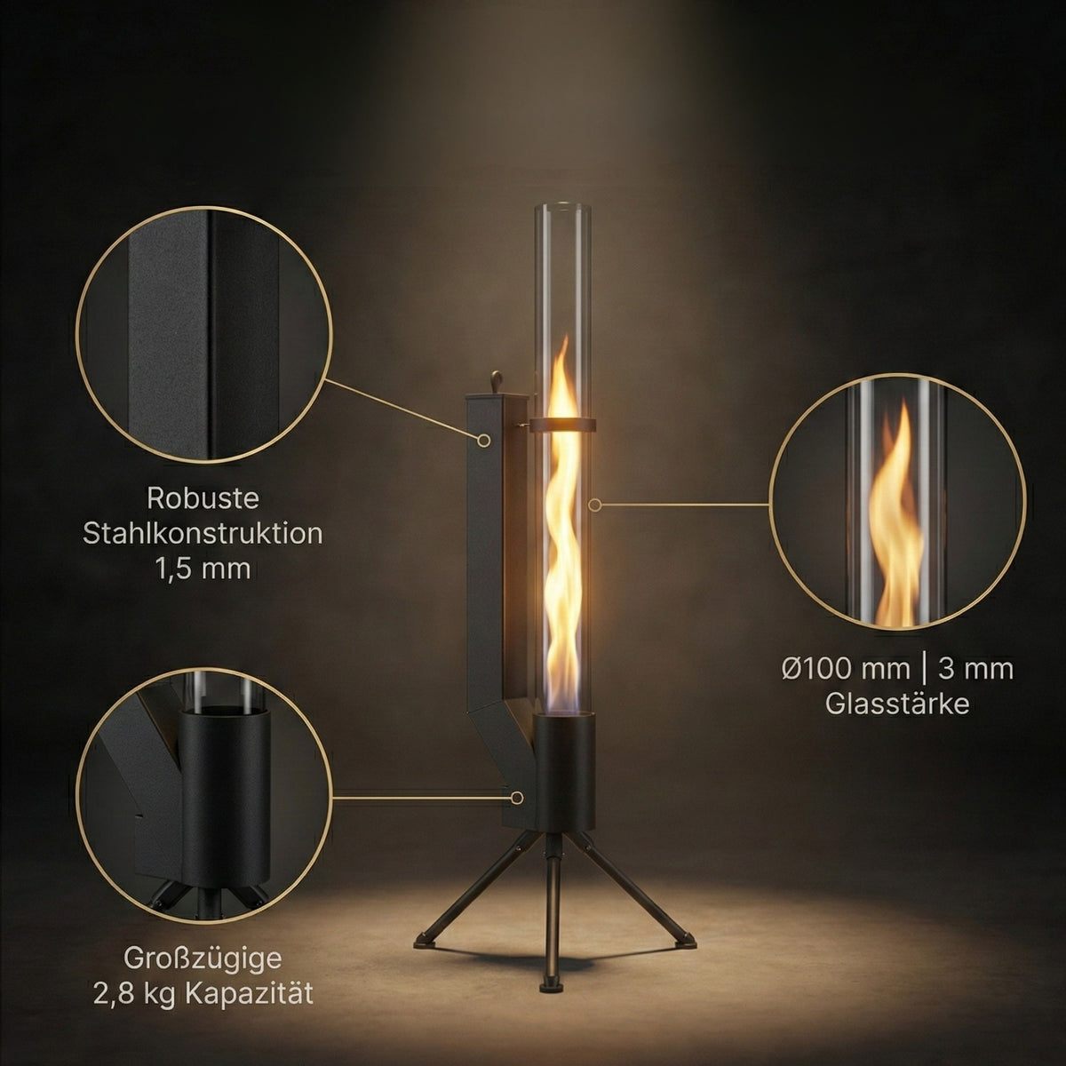 Albatros hochwertige Pelletfackel Schwarz | Raketenofen für den Garten | mit Glas Feuerrohr | Terrassenheizung Terrassenofen | Outdoor Feuerstelle ohne Strom | bis 2h Brenndauer