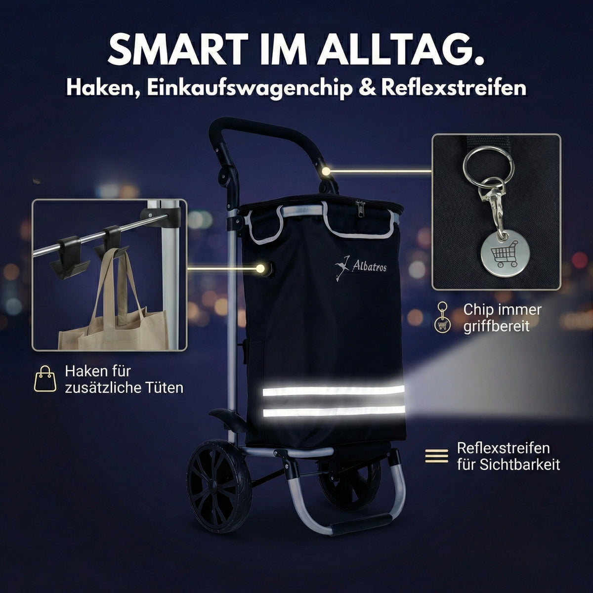 ALBATROS Einkaufstrolley Groß | Einkaufsroller mit großer Tasche, Thermo-Innenbeutel | Sichtfenster für Einkaufszettel | Faltbar klappbar mit großen Räder | Sackkarre inkl. Einkaufswagen-chip