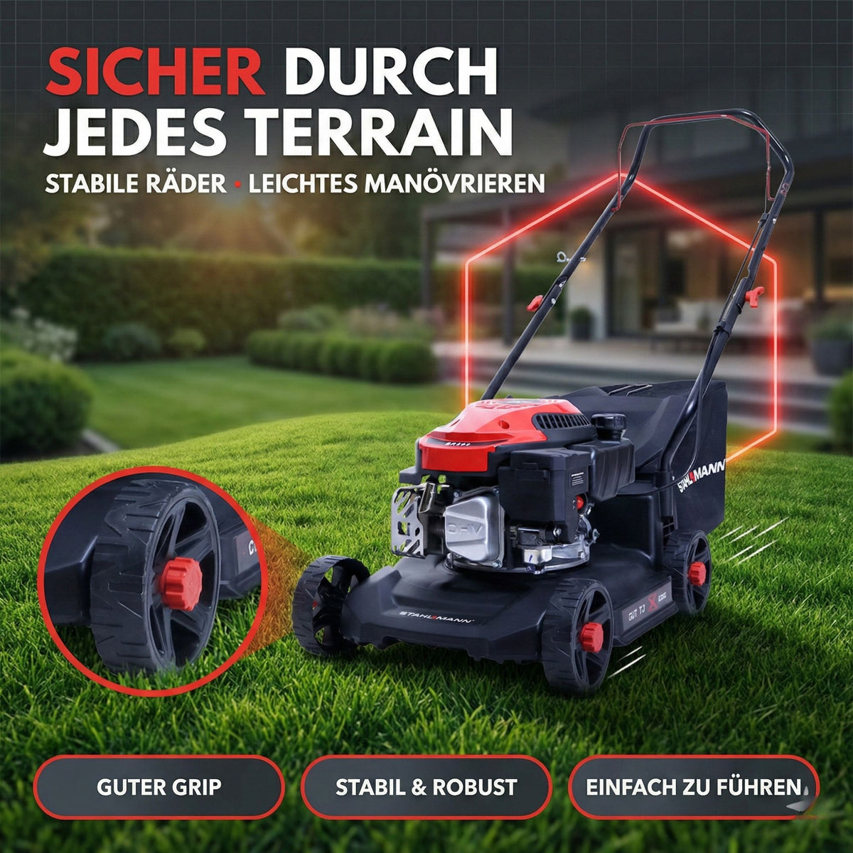 Rasenmäher Benzin BR390 – 4,0PS (2,9kW) 127ccm, 39cm Schnittbreite, Schnitthöhenverstellung, kompakt, 35L Fangkorb