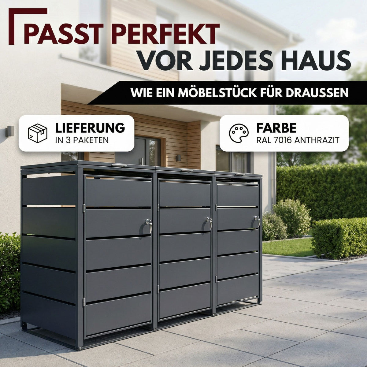Mülltonnenbox 3er Tonne | bis 240 Liter | Anthrazitgrau RAL 7016 | verzinkter Stahl | Premium Dämpfer| Aufkleber-Set | wetterfest