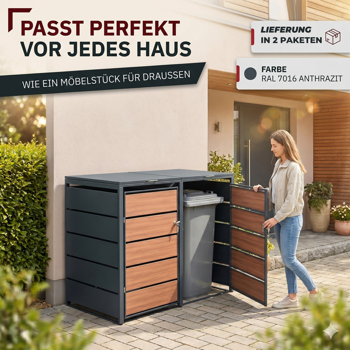 Mülltonnenbox 2er Holzdekor, 120L bis 240L, für Zwei Tonnen, Mülltonnenverkleidung aus verzinktem Metall mit Holzoptik, abschließbar, wetterfest, geprüft nach ISO9227, mit Aufkleber Set
