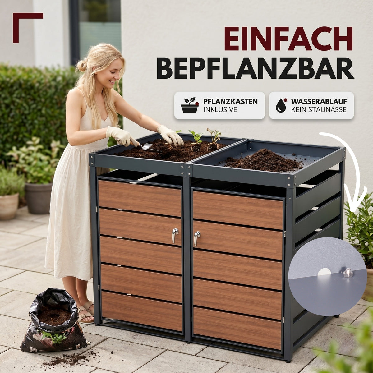 Mülltonnenbox 2er Holzdekor mit Pflanzkasten, 120L bis 240L, für Zwei Tonnen, Metall, Anthrazit Grau RAL7016, abschließbar, wetterfest, geprüft ISO9227, mit Aufkleber Set