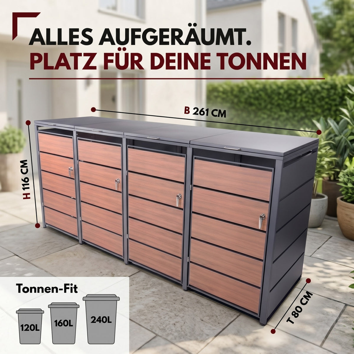 Mülltonnenbox 4er Holzdekor, 120L bis 240L, für Vier Tonnen, Mülltonnenverkleidung aus verzinktem Metall mit Holzdekor-Front, Anthrazit Grau RAL7016, abschließbar, wetterfest, geprüft nach ISO9227, mit Aufkleber Set