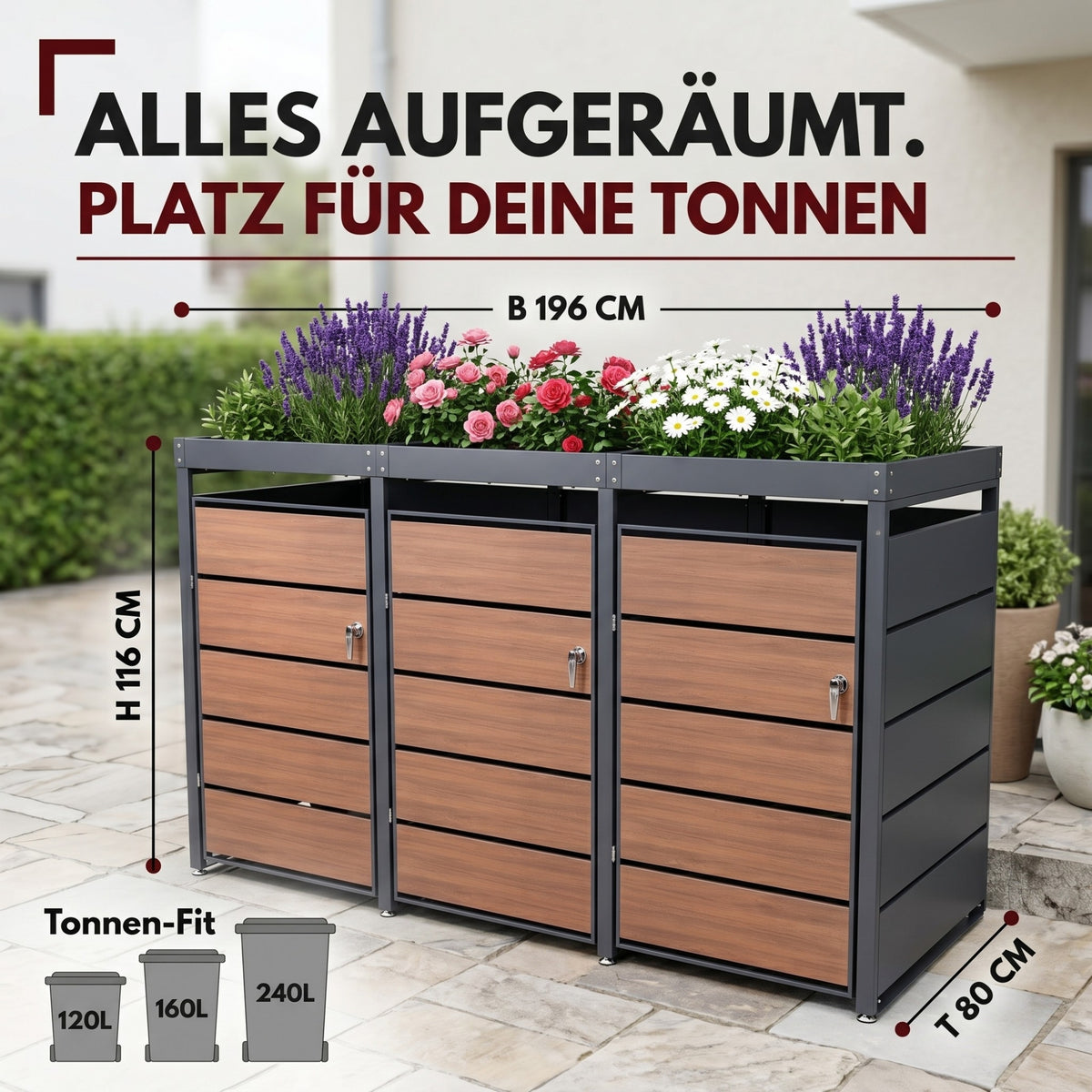 Mülltonnenbox 3er Holzdekor mit Pflanzkasten, 120L bis 240L, für Drei Tonnen, Metall, Anthrazit RAL7016, abschließbar, wetterfest, ISO9227, mit Aufkleber Set