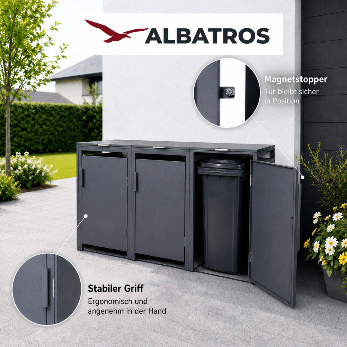 Mülltonnenbox 3er Hauswandversion, 120L bis 240L, für Drei Tonnen, verzinktes Metall RAL7016 Anthrazit, offene Rückseite, bessere Belüftung, wetterfest, ISO9227, verstellbare Füße