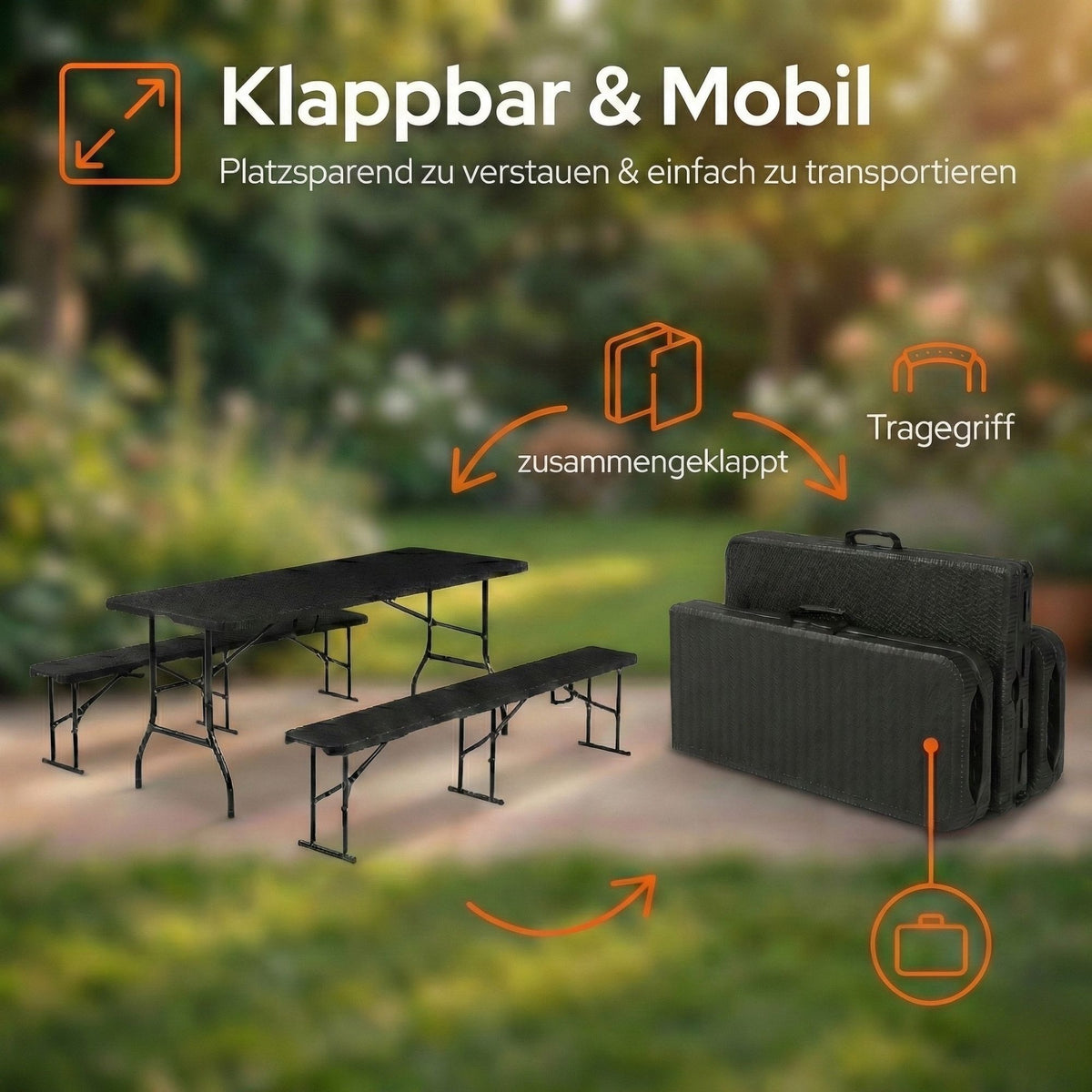 Bierzeltgarnitur Rattan, robuste Biertischgarnitur klappbar