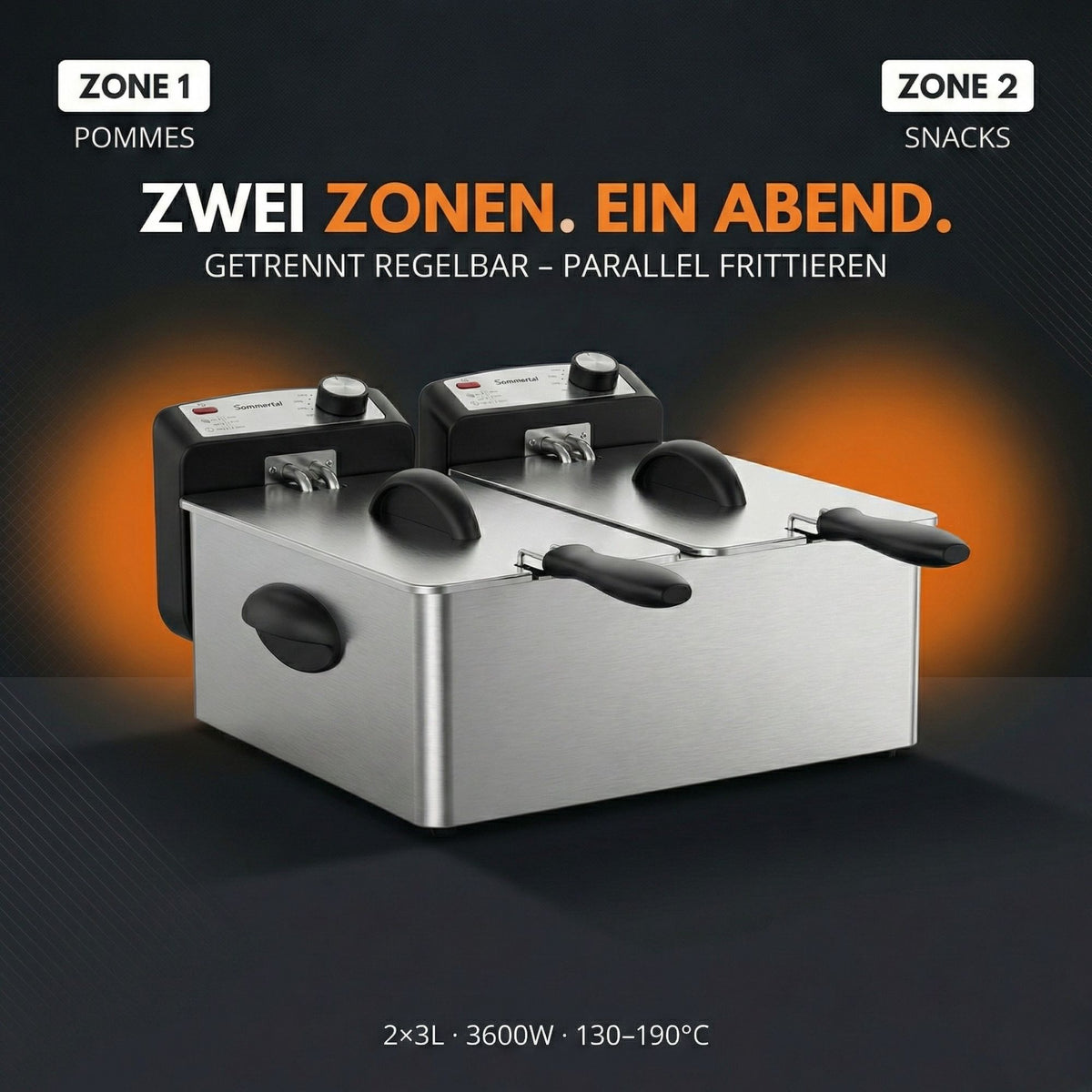 DF3600 Doppel Fritteuse 2x3L 3600W Edelstahl
