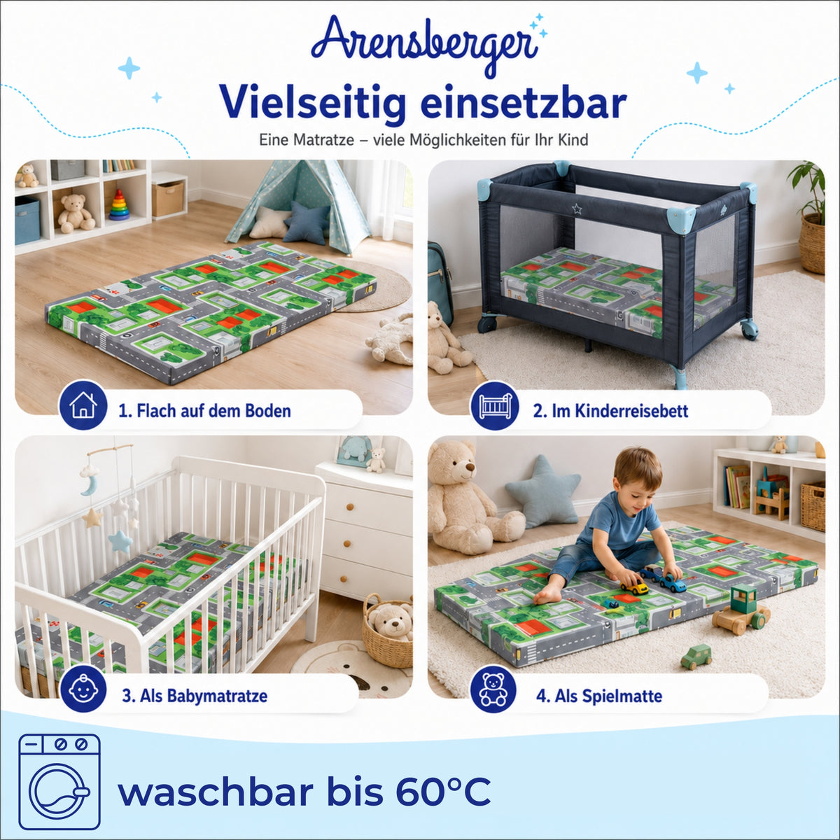 Arensberger Kinderreisebett Matratze 60x120 cm – faltbare Baby- & Kindermatratze mit Stadtmotiv, Nanocell Gelschaum, abnehmbarer Bezug & Tragetasche