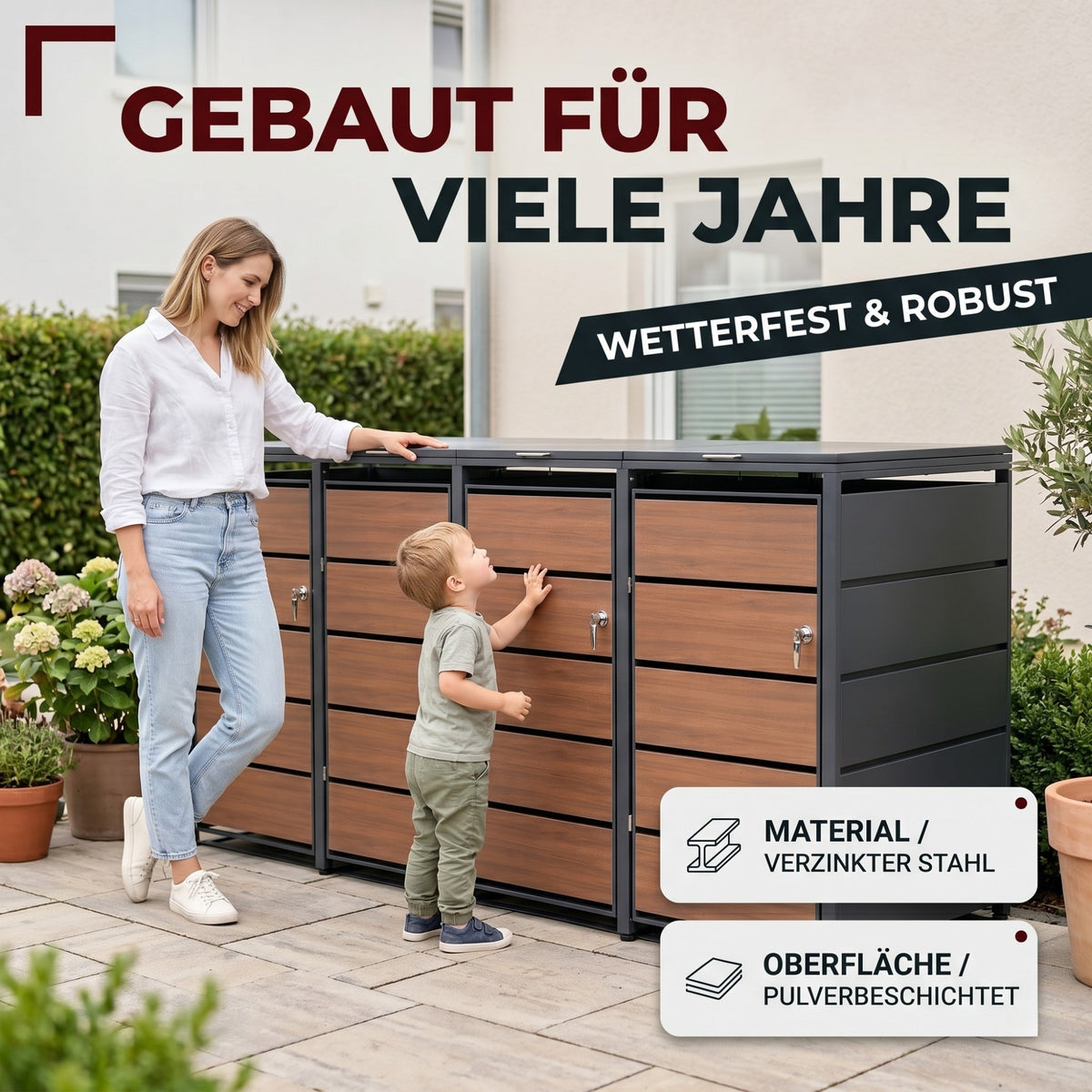 Mülltonnenbox 4er Holzdekor, 120L bis 240L, für Vier Tonnen, Mülltonnenverkleidung aus verzinktem Metall mit Holzdekor-Front, Anthrazit Grau RAL7016, abschließbar, wetterfest, geprüft nach ISO9227, mit Aufkleber Set