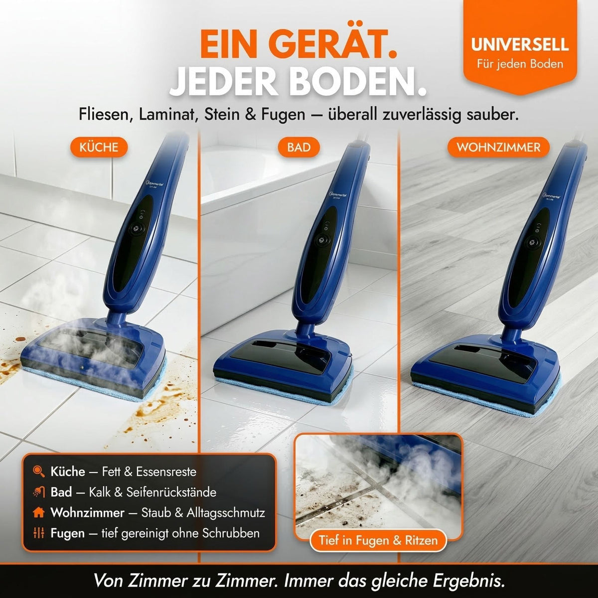 Sommertal Dampfreiniger für Böden 2-in-1 – 1200W, 500ml Tank, 30–45 g/min, Dampfmop & Handdampfreiniger