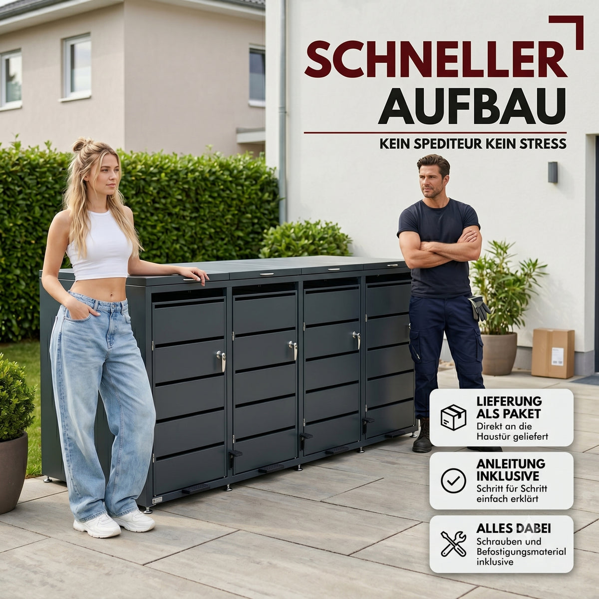 Mülltonnenbox 4er mit Pedal, 120L bis 240L, für Vier Tonnen, Metallverkleidung aus verzinktem Stahl, Anthrazit Grau RAL7016, abschließbar, wetterfest, ISO9227, mit Aufkleber Set