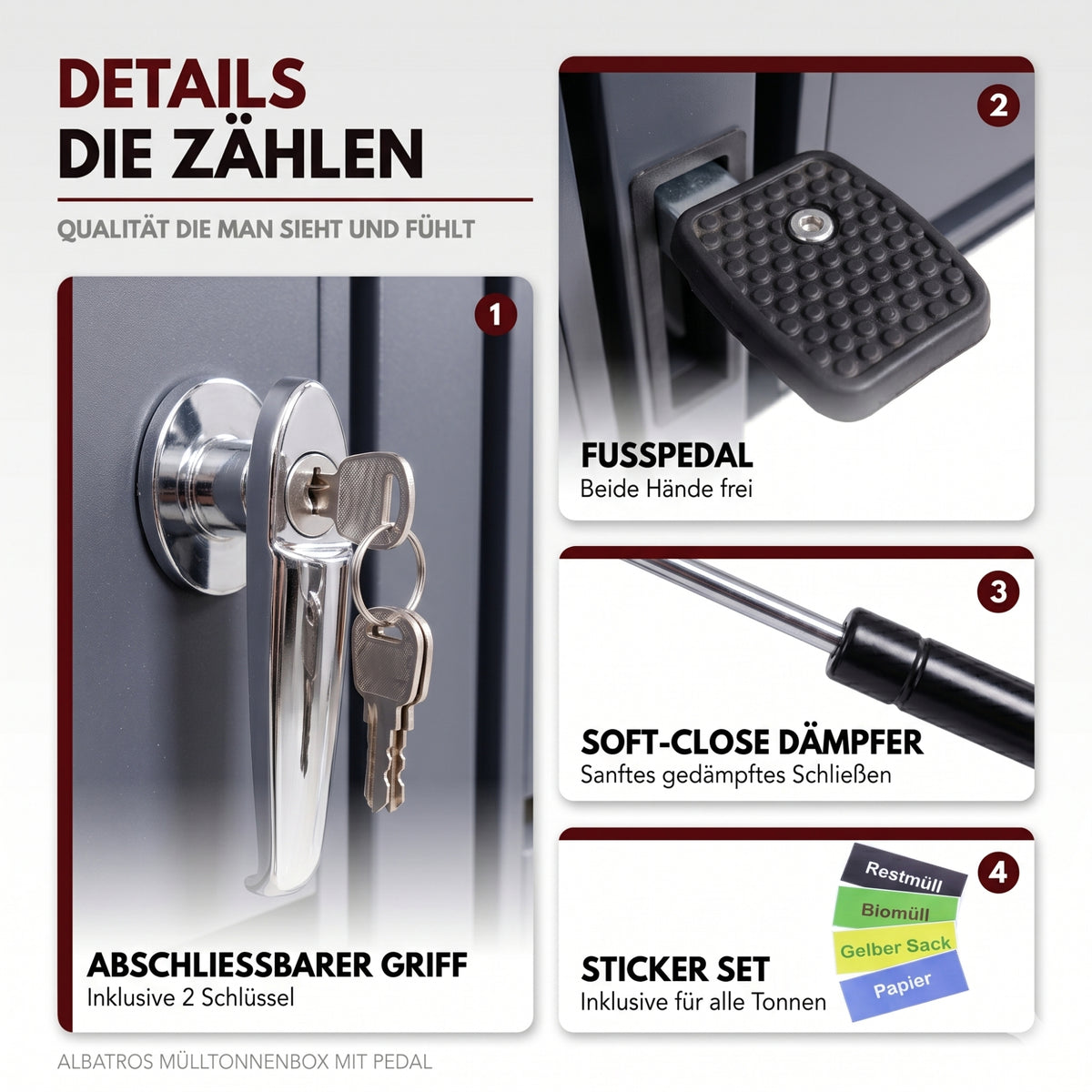 Mülltonnenbox 3er mit Pedal, 120L bis 240L, für Drei Tonnen, Metallverkleidung aus verzinktem Stahl, Anthrazit Grau RAL7016, abschließbar, wetterfest, ISO9227, mit Aufkleber Set