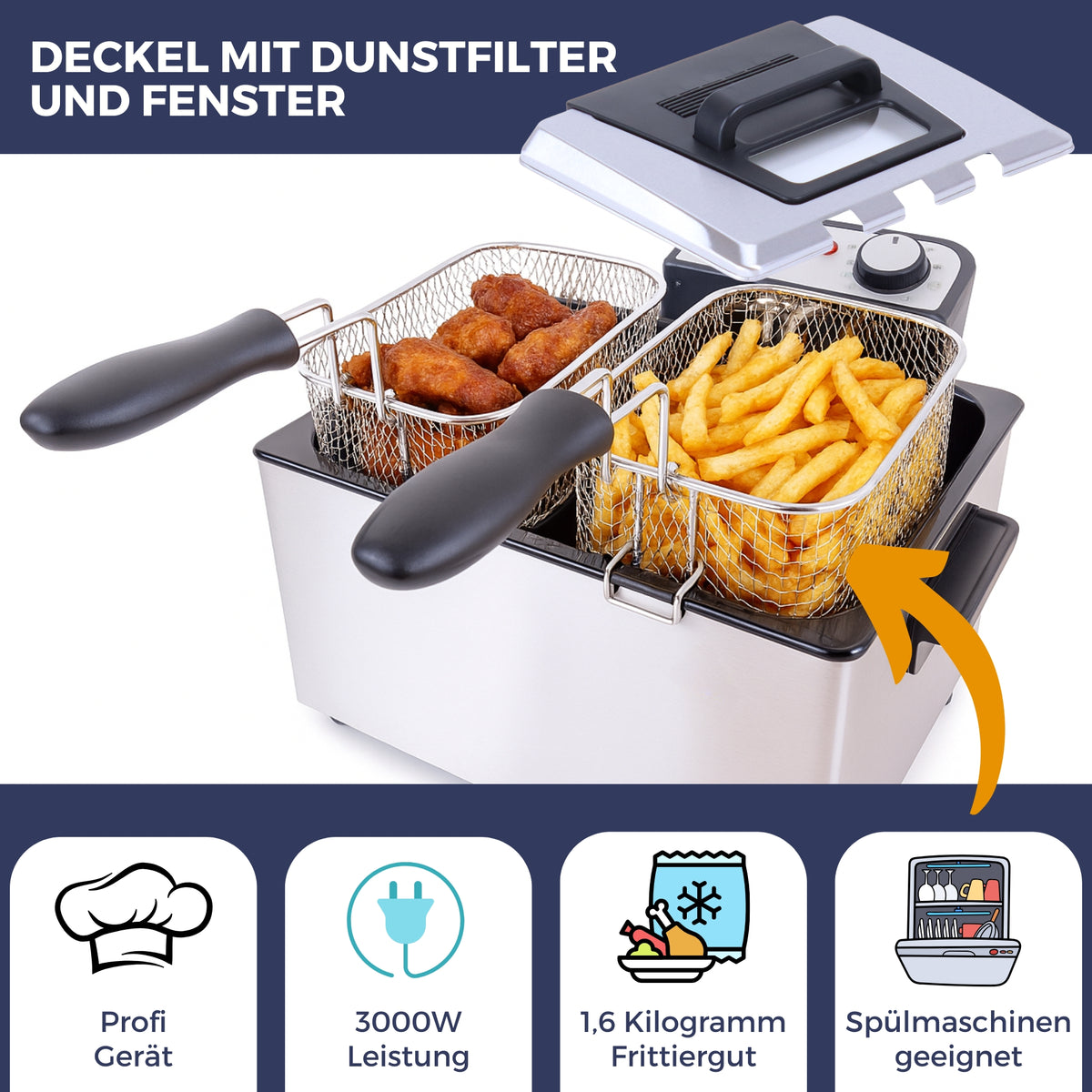 Sommertal XXL Doppel-Fritteuse mit Öl oder Fett – 3 Körbe, 5 Liter, 3000 Watt, Kaltzone, DF3270