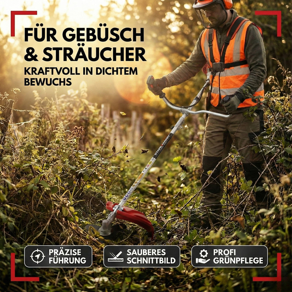 Stahlmann Freischneider Benzin MS520 – Motorsense Benzin mit kraftvollem 3PS Motor, 42cm Schnittbreite