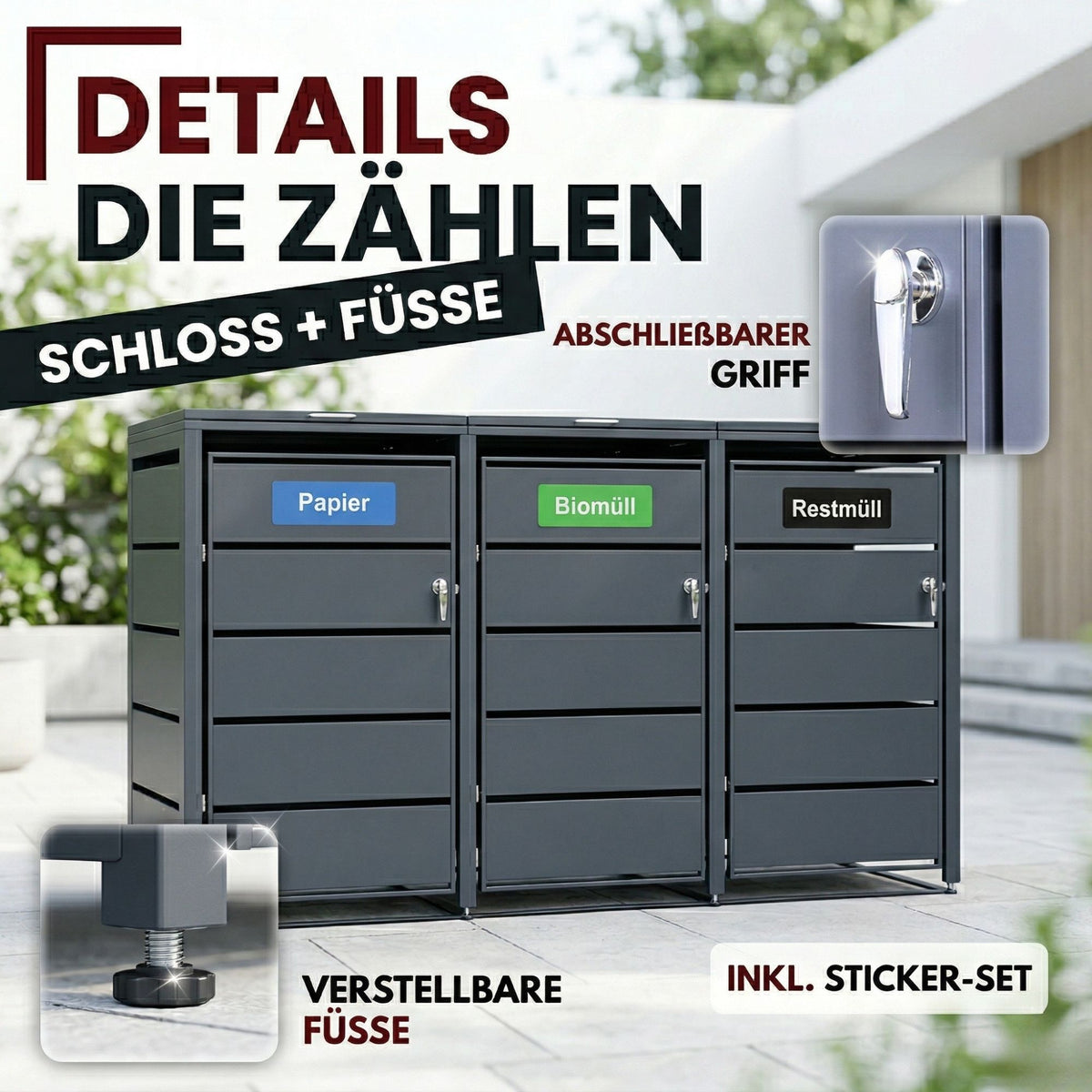 Mülltonnenbox 3er Tonne | bis 240 Liter | Anthrazitgrau RAL 7016 | verzinkter Stahl | Premium Dämpfer| Aufkleber-Set | wetterfest