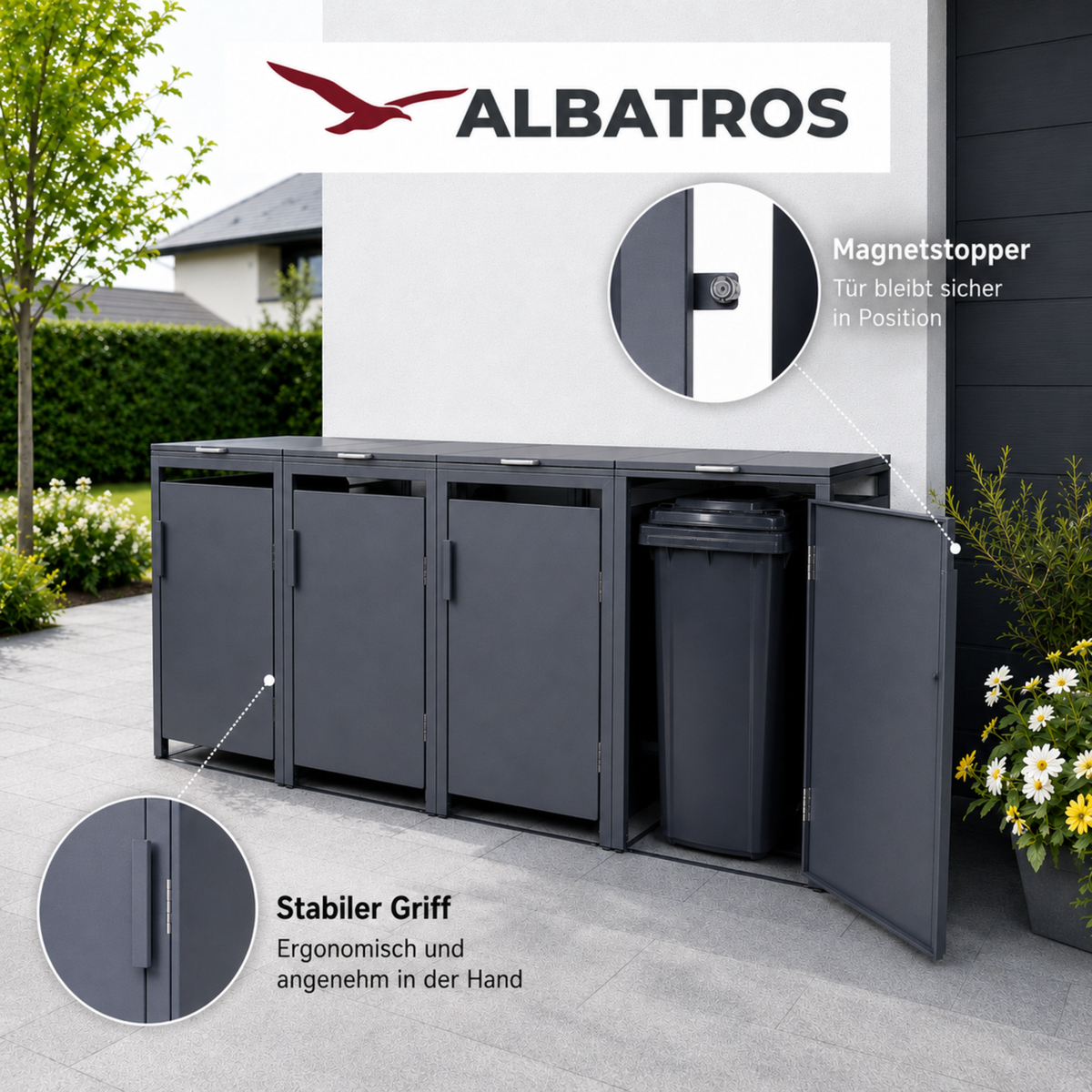 Mülltonnenbox 4er Hauswandversion, 120L bis 240L, für Vier Tonnen, verzinktes Metall RAL7016 Anthrazit, offene Rückseite, bessere Belüftung, wetterfest, ISO9227, verstellbare Füße