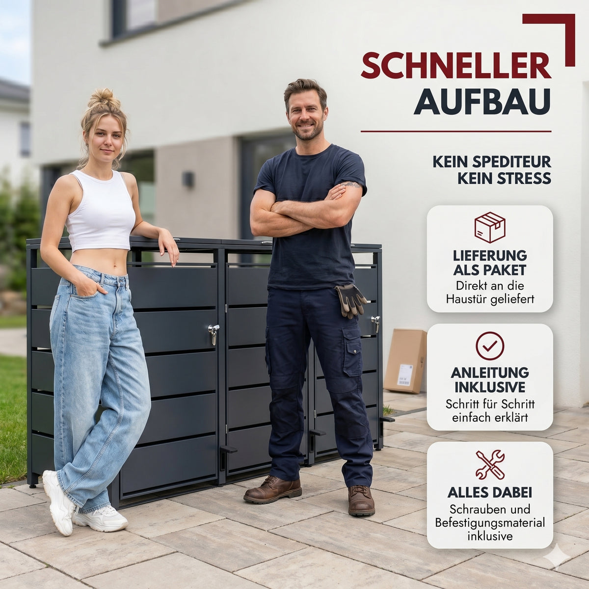 Mülltonnenbox 3er mit Pedal, 120L bis 240L, für Drei Tonnen, Metallverkleidung aus verzinktem Stahl, Anthrazit Grau RAL7016, abschließbar, wetterfest, ISO9227, mit Aufkleber Set