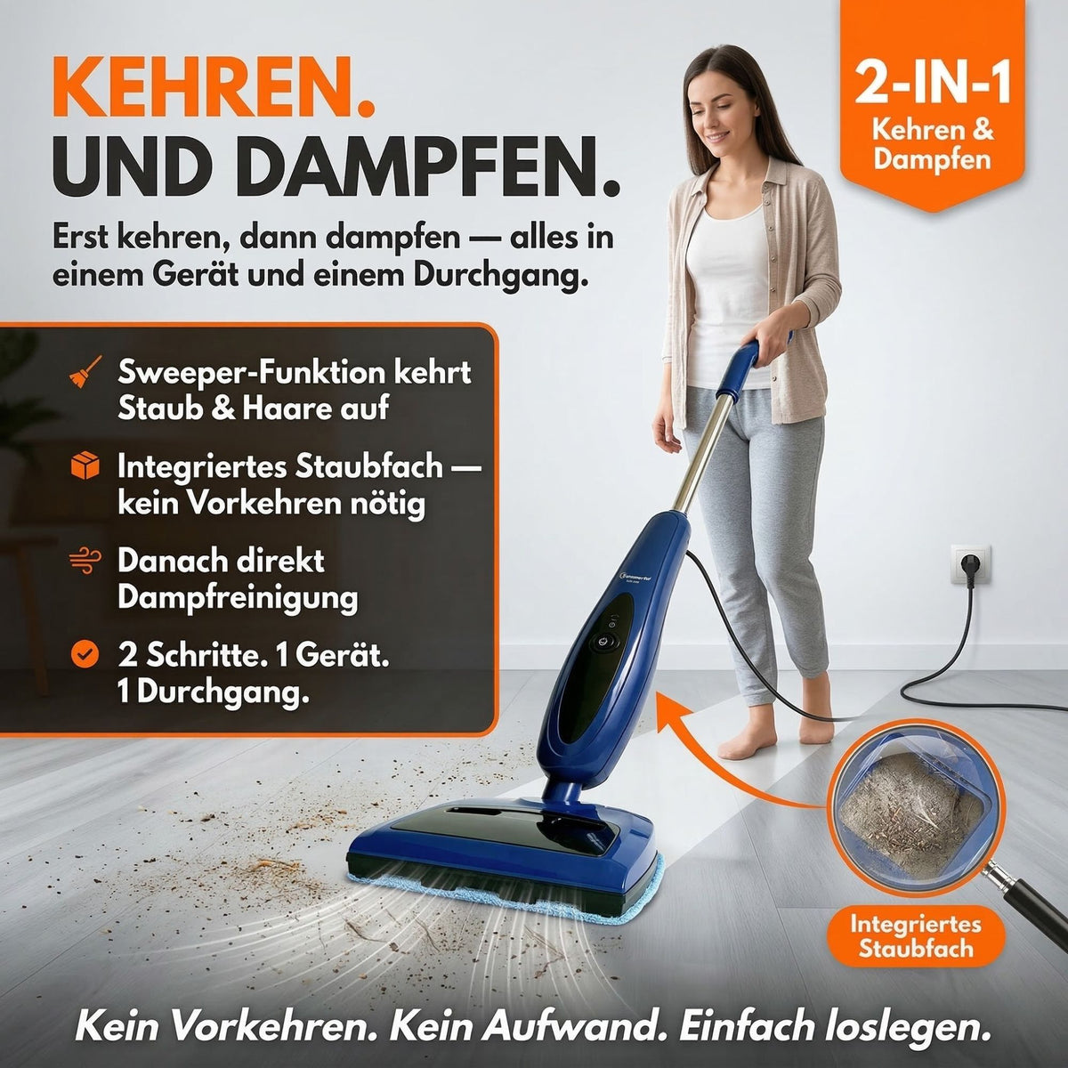 Sommertal Dampfreiniger für Böden 2-in-1 – 1200W, 500ml Tank, 30–45 g/min, Dampfmop & Handdampfreiniger