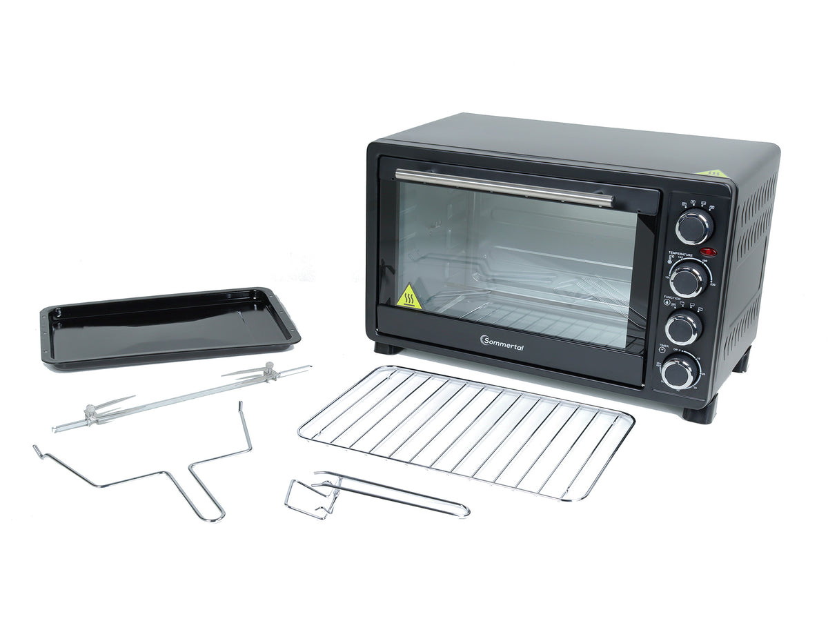Minibackofen 30 Liter mit Drehspieß & Umluft, 1500W, 100–230°C, 60 Min. Timer, Hähnchengrill Mini Backofen, Kleiner Backofen zum Backen, Grillen & Pizza, Campingbackofen inkl. Zubehör