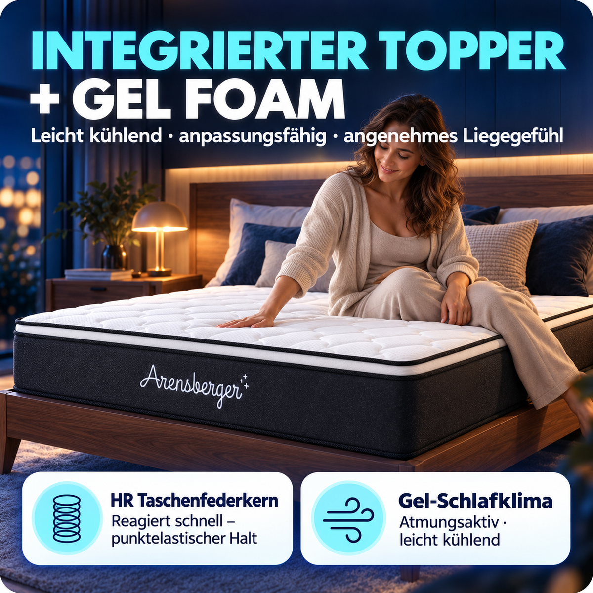 Arensberger EMILIA Taschenfederkernmatratze – 23 cm, Gelschaum, integrierter Topper