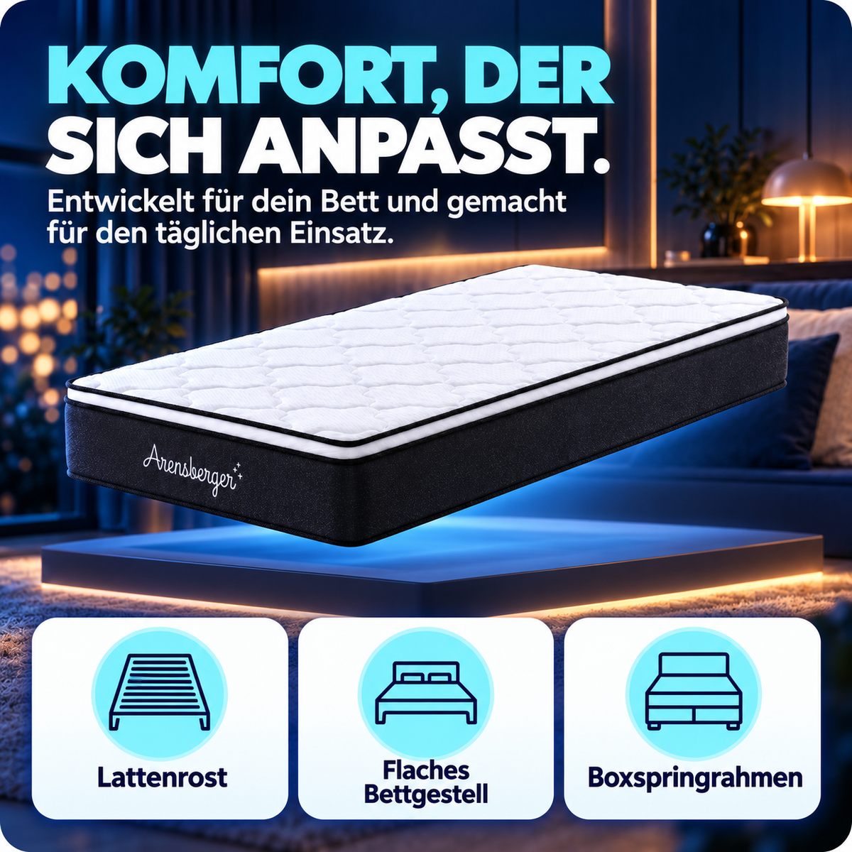 Arensberger EMILIA Taschenfederkernmatratze – 23 cm, Gelschaum, integrierter Topper