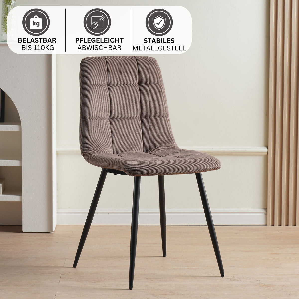 ALBATROS Designer Esszimmerstuhl BORA | 4er Set | Braun, Anthrazit, Beige | Cord Bezug