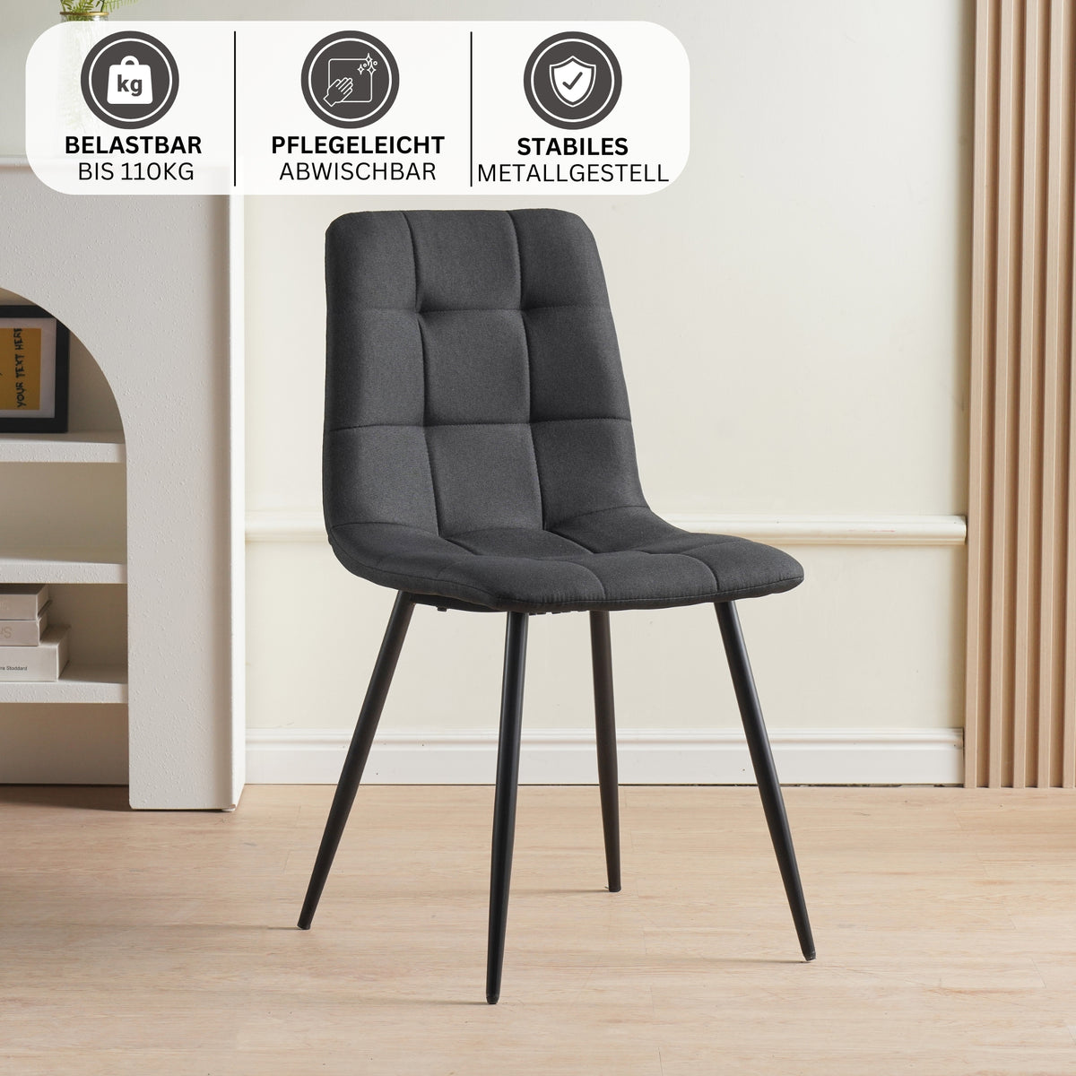 ALBATROS Designer Esszimmerstuhl BORA | 4er Set | Schwarz, Grau, Beige | Stoff Bezug