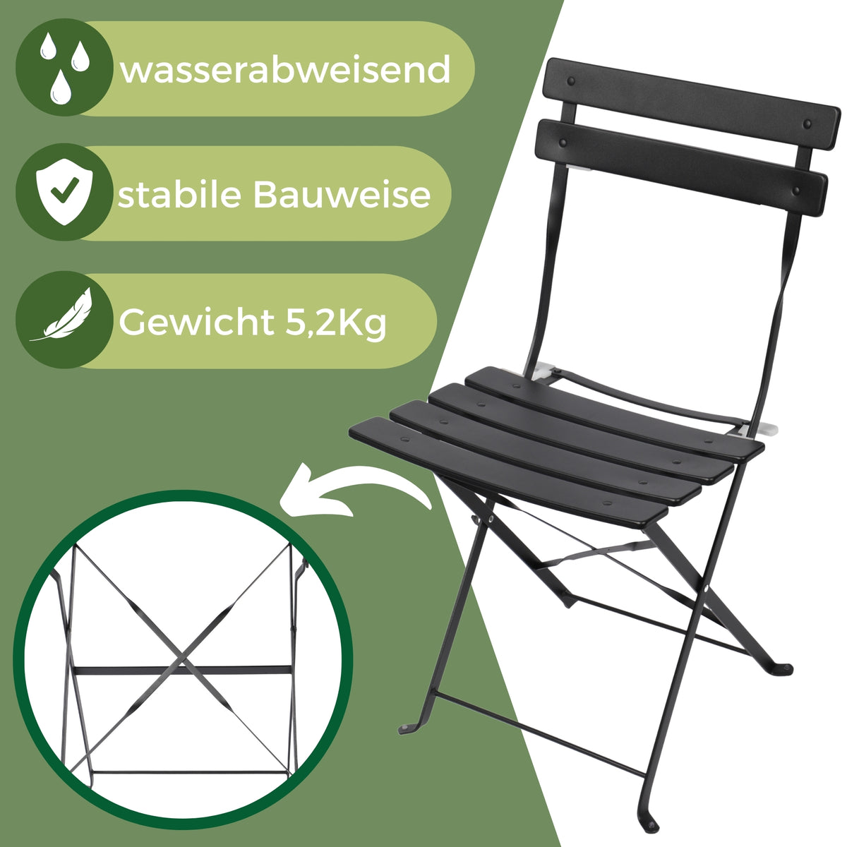Bistroset 3-teilig, klappbarer Bistrotisch mit 2 Stühlen