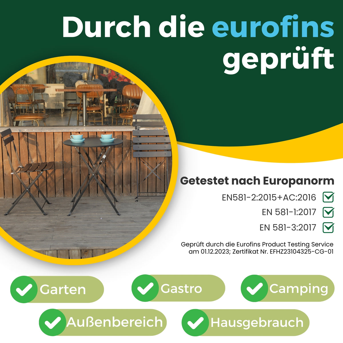 Bistroset 3-teilig, klappbarer Bistrotisch mit 2 Stühlen