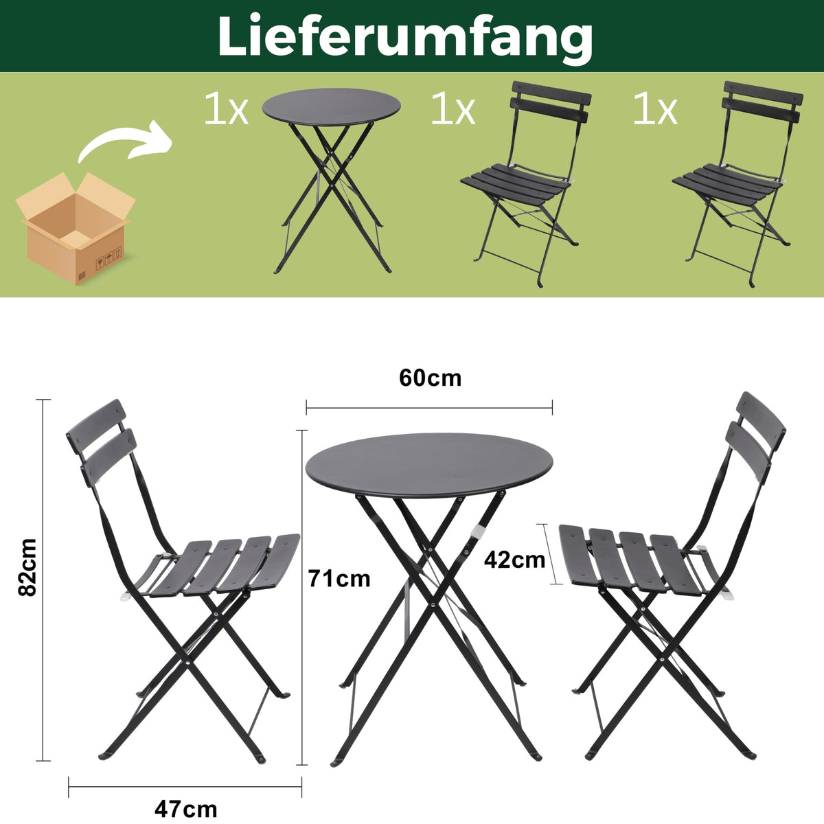 Bistroset 3-teilig, klappbarer Bistrotisch mit 2 Stühlen