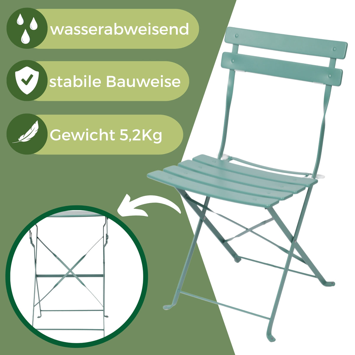 Bistroset 3-teilig, klappbarer Bistrotisch mit 2 Stühlen