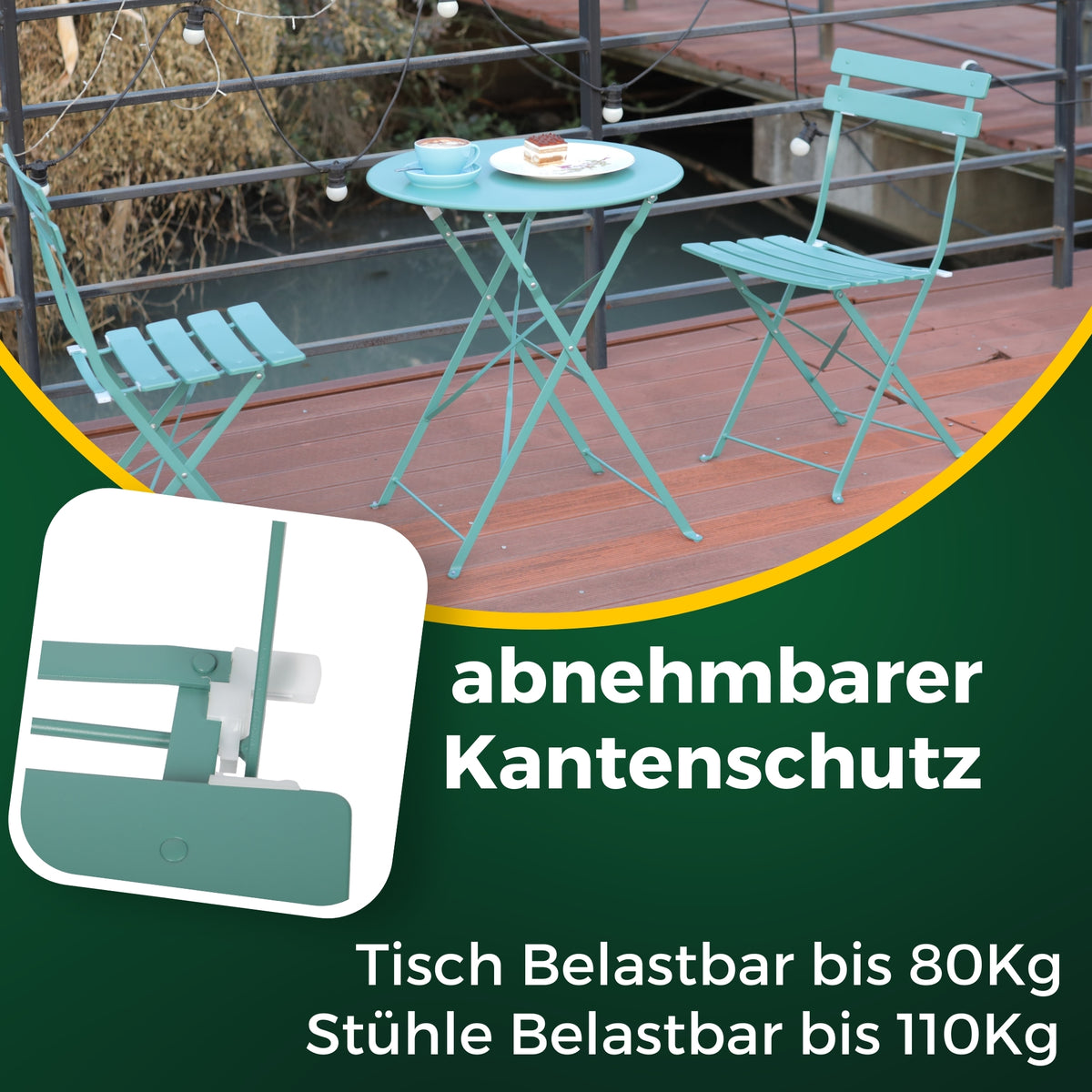 Bistroset 3-teilig, klappbarer Bistrotisch mit 2 Stühlen