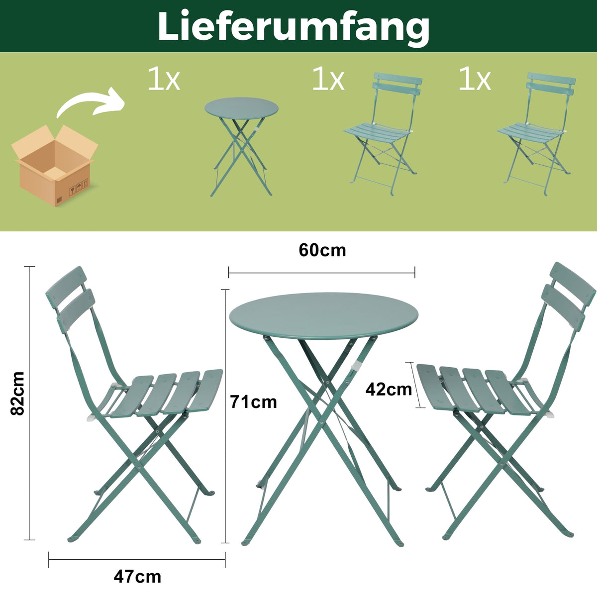 Bistroset 3-teilig, klappbarer Bistrotisch mit 2 Stühlen