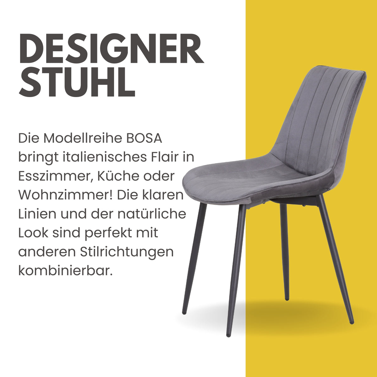 ALBATROS Designer Esszimmerstuhl BOSA | 2er Set | Schwarz, Grau, Beige | Samt Bezug