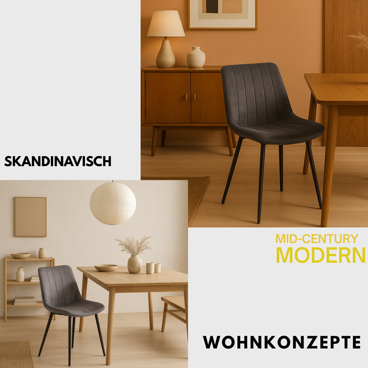 ALBATROS Designer Esszimmerstuhl BOSA | 2er Set | Schwarz, Grau, Beige | Samt Bezug