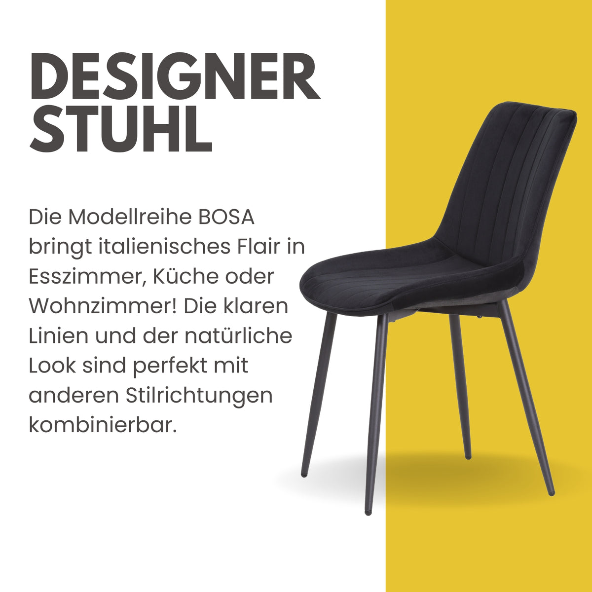 ALBATROS Designer Esszimmerstuhl BOSA | 2er Set | Schwarz, Grau, Beige | Samt Bezug
