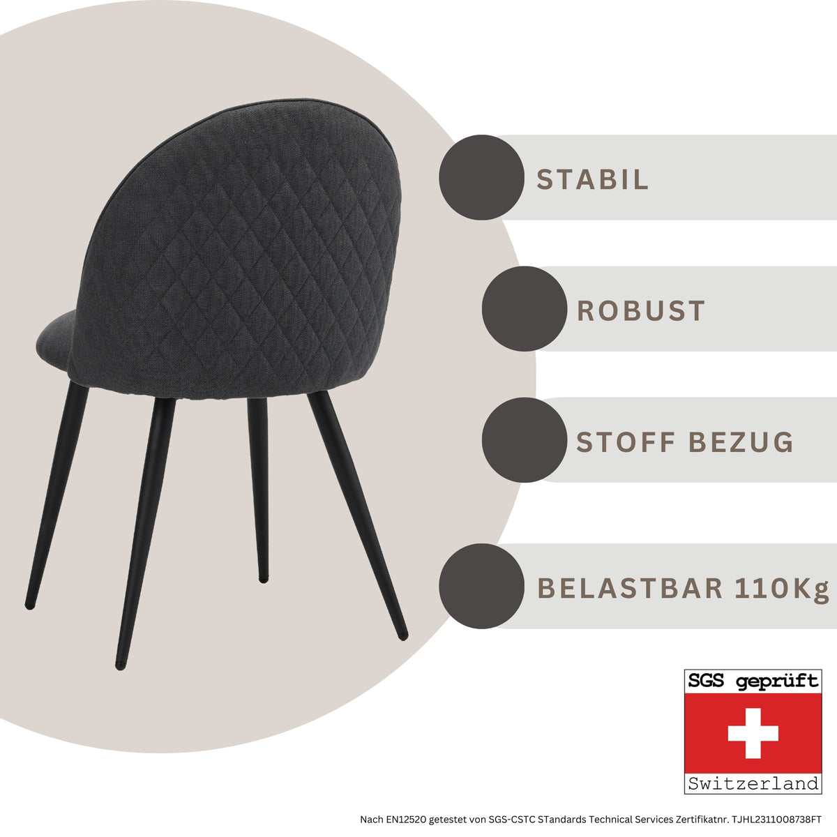 ALBATROS Designer Esszimmerstuhl CAPO | 4er Set | Schwarz, Grau, Beige | Stoff Bezug