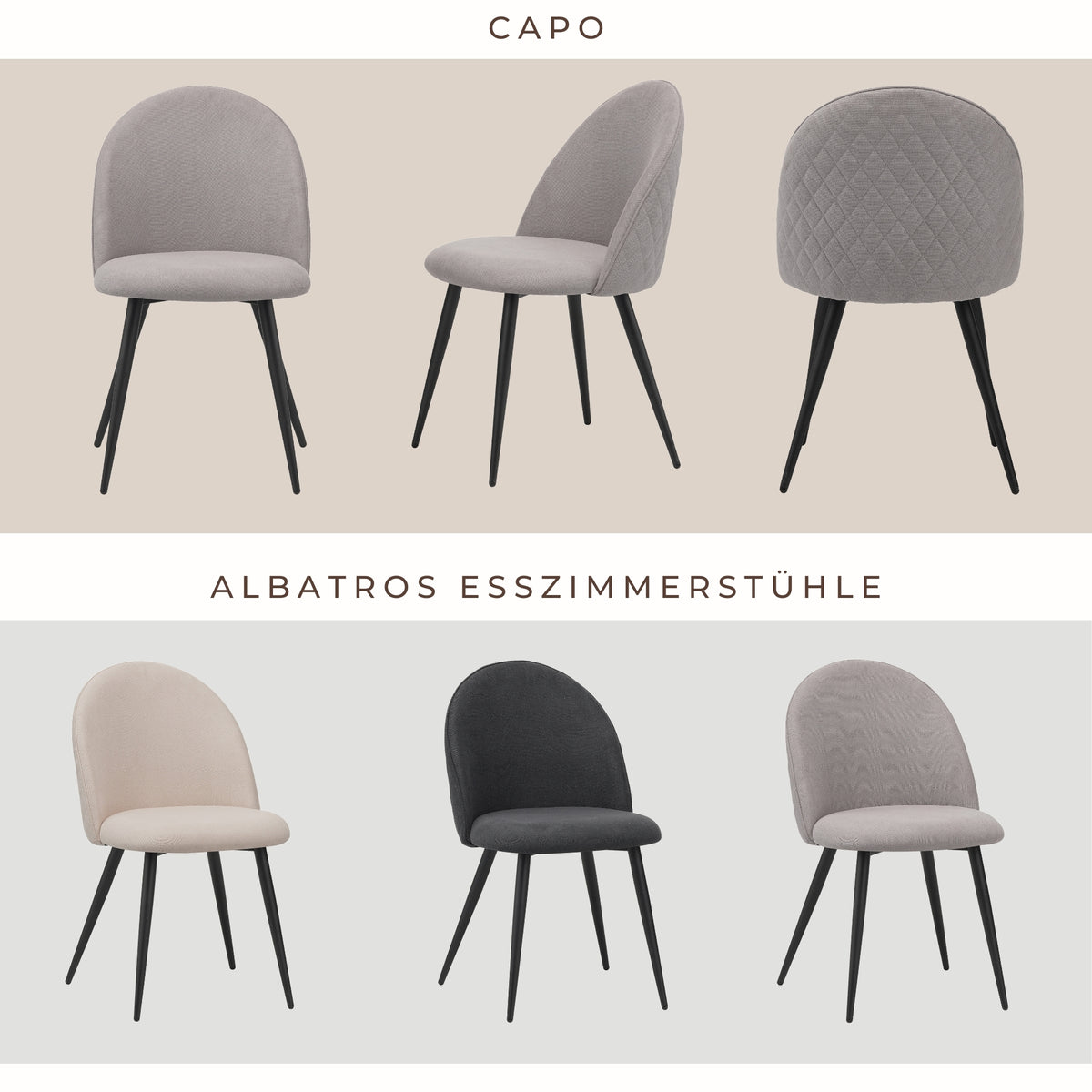 ALBATROS Designer Esszimmerstuhl CAPO | 4er Set | Schwarz, Grau, Beige | Stoff Bezug