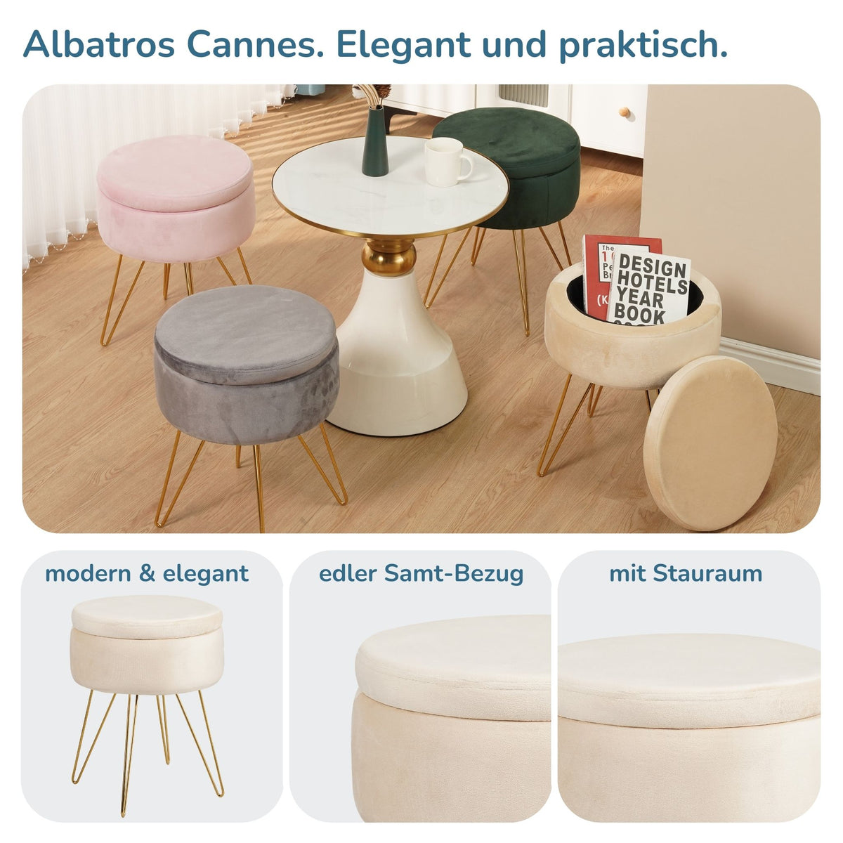 Sitzhocker mit Stauraum CANNES Sherpa oder Samtbezug