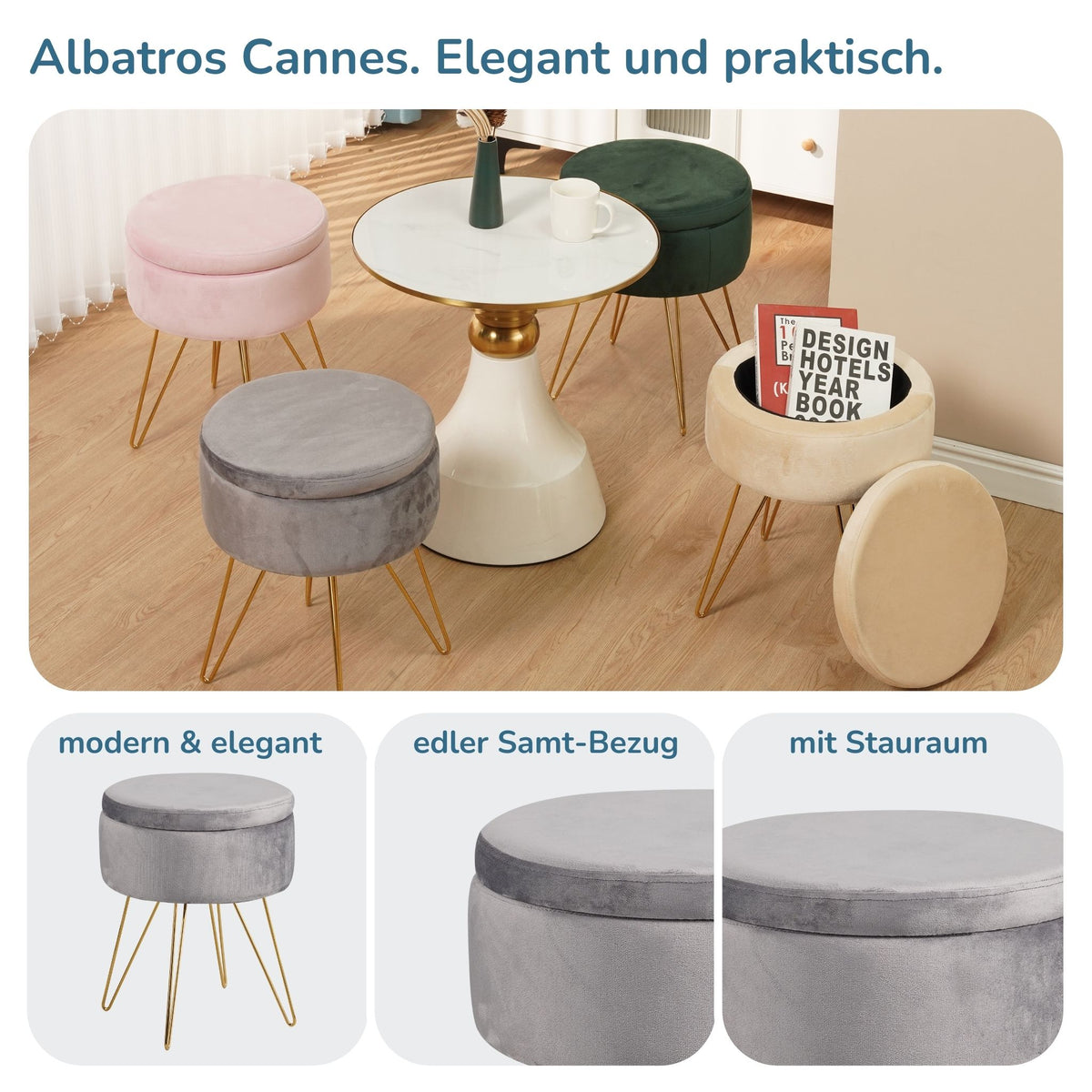 Sitzhocker mit Stauraum CANNES Sherpa oder Samtbezug