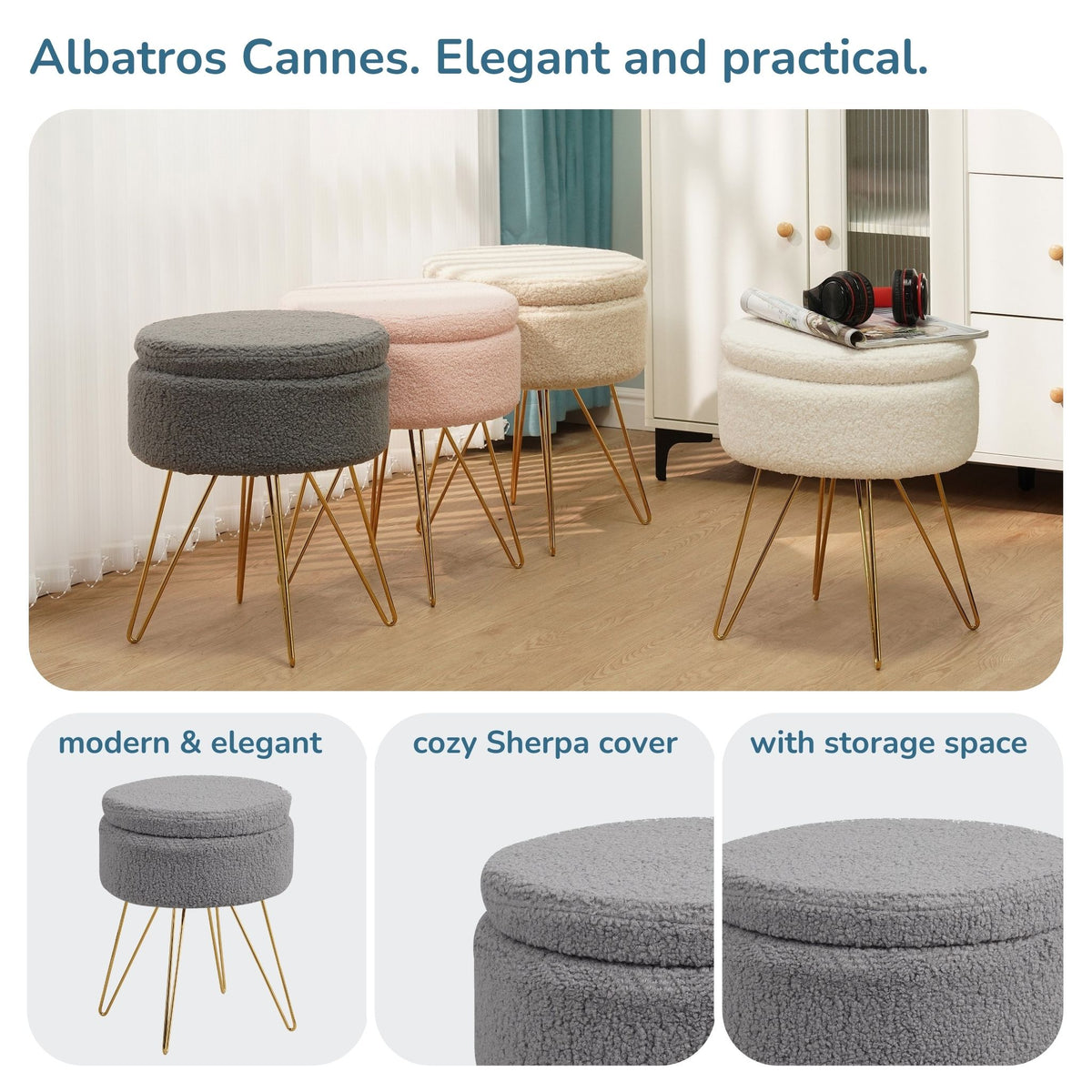 Sitzhocker mit Stauraum CANNES Sherpa oder Samtbezug
