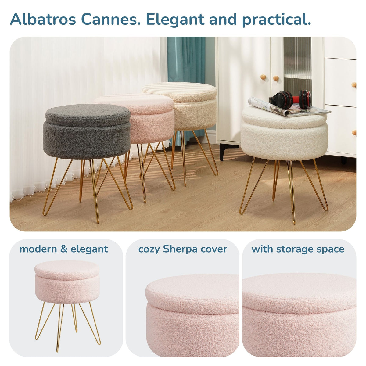 Sitzhocker mit Stauraum CANNES Sherpa oder Samtbezug