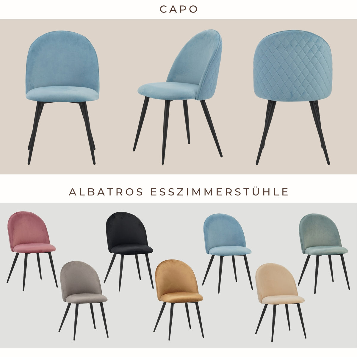 ALBATROS Designer Esszimmerstuhl CAPO | 4er Set | Schwarz, Braun, Grau, Beige, Türkis, Blau, Pink | Samt Bezug