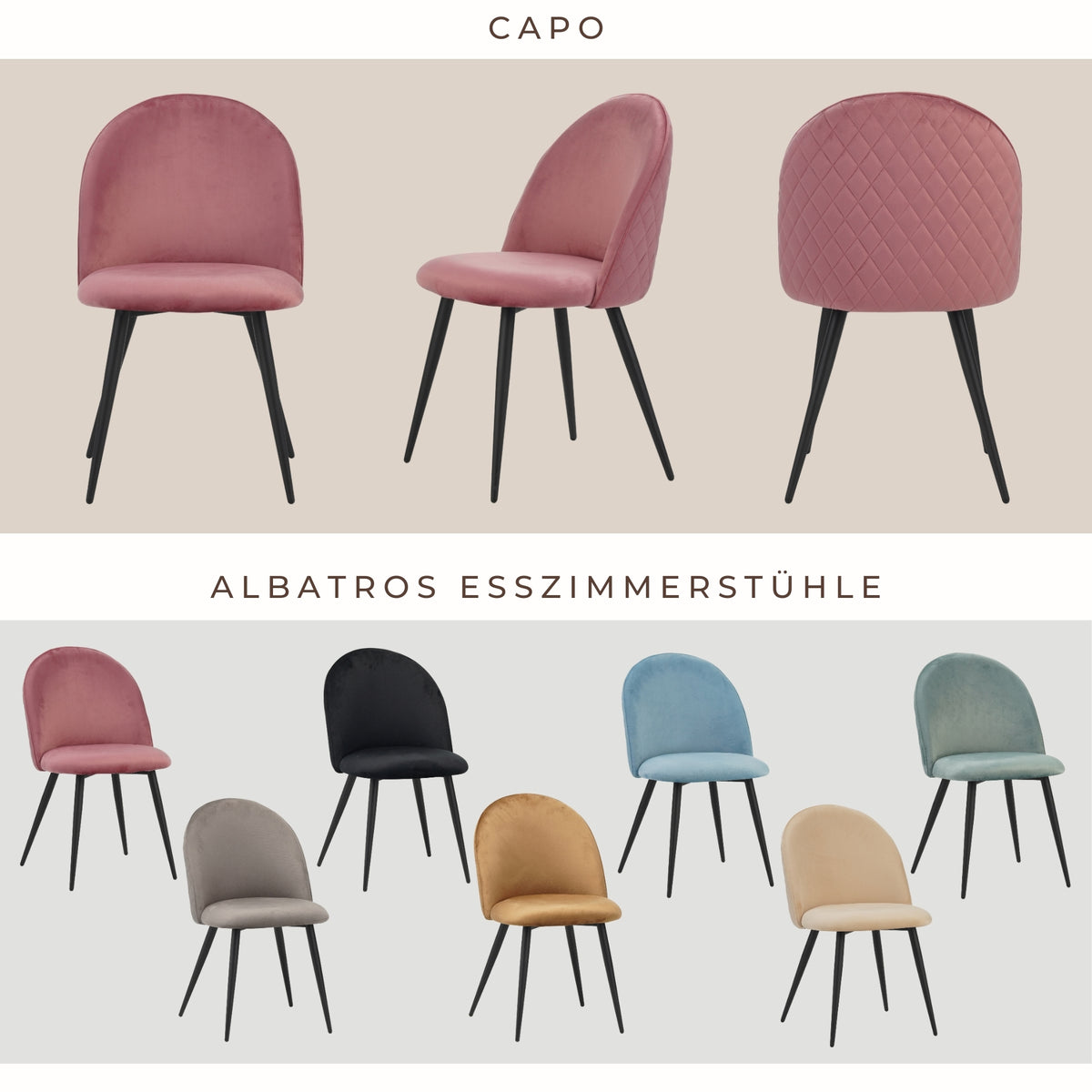 ALBATROS Designer Esszimmerstuhl CAPO | 4er Set | Schwarz, Braun, Grau, Beige, Türkis, Blau, Pink | Samt Bezug