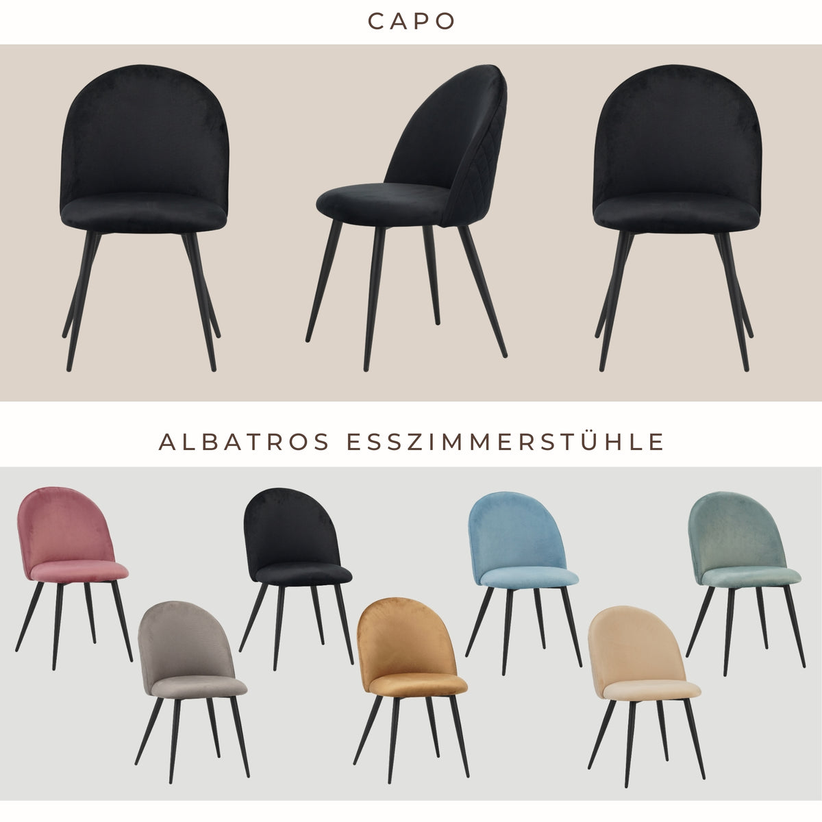 ALBATROS Designer Esszimmerstuhl CAPO | 4er Set | Schwarz, Braun, Grau, Beige, Türkis, Blau, Pink | Samt Bezug