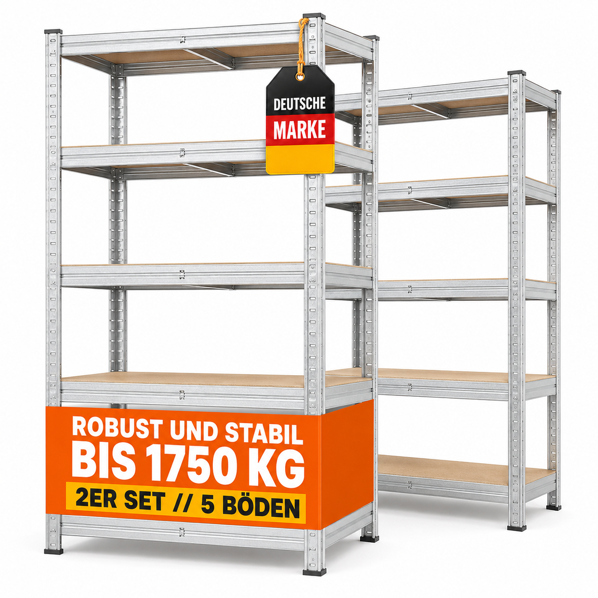 SR2S Schwerlastregal 875 kg – Metallregal 180x90x40 cm, 5 verstellbare Ablagen, Steckregal teilbar, Lagerregal für Garage, Keller, Werkstatt, Vorratsraum, inkl. 2 Haken