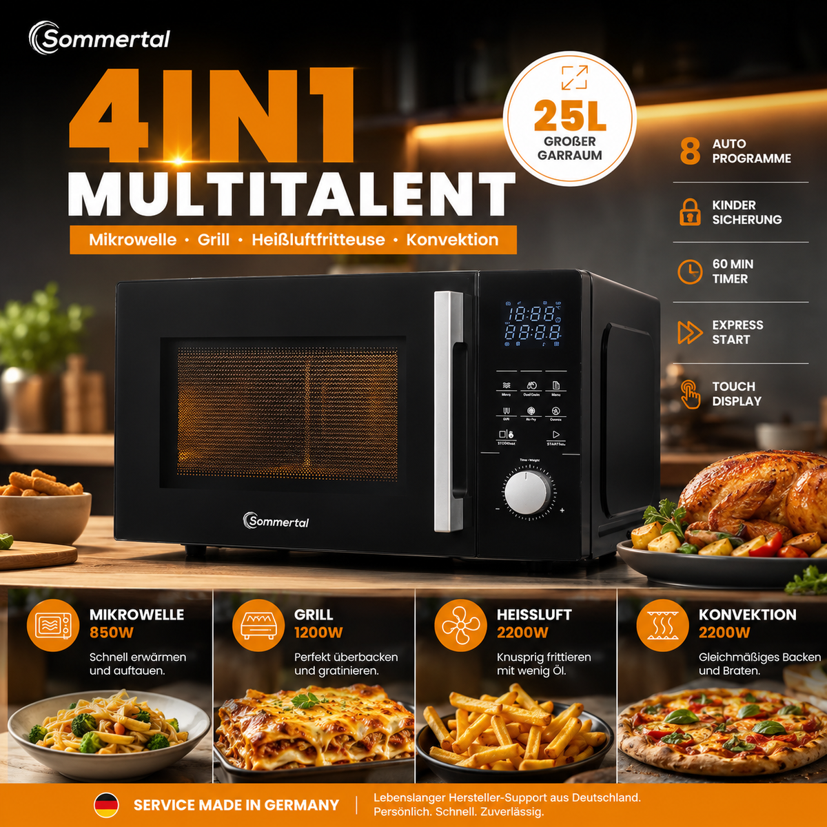 4in1 Mikrowelle MW2200 25L - Touch, Grill, Heißluft, 8 Programme, 60 Min Timer, Kindersicherung, Express-Start, Rost, Crisp-Pfanne