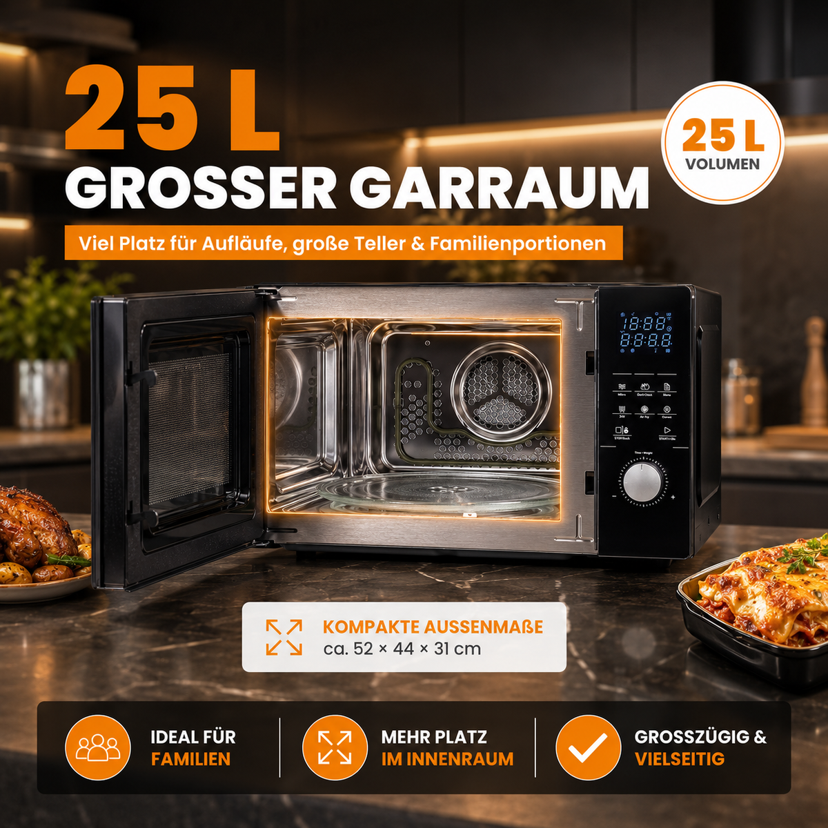 4in1 Mikrowelle MW2200 25L - Touch, Grill, Heißluft, 8 Programme, 60 Min Timer, Kindersicherung, Express-Start, Rost, Crisp-Pfanne