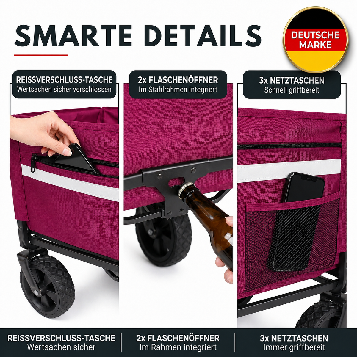 Albatros Bollerwagen Rosa klappbar 120L mit Flaschenöffner & Getränkehalter